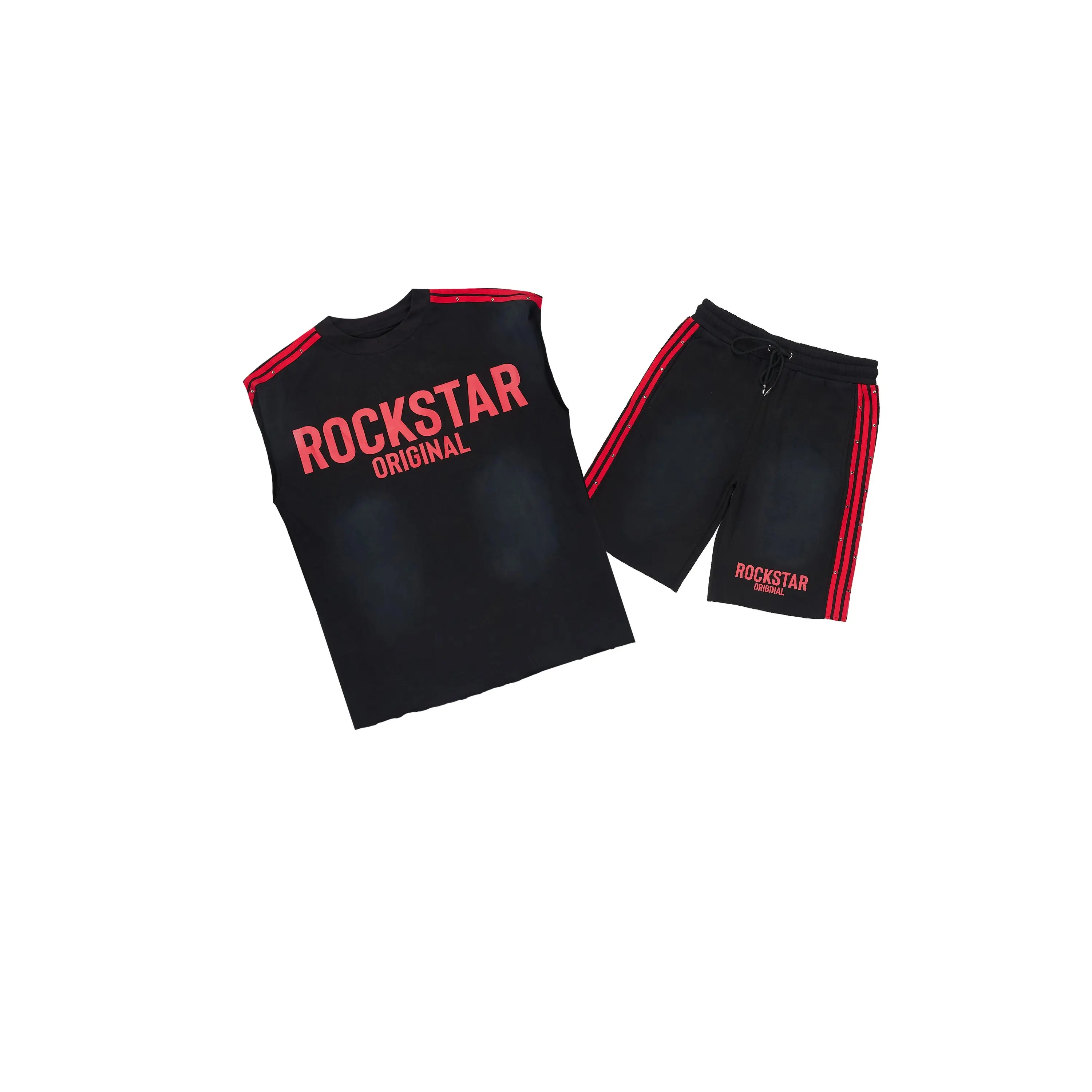 Gulis Black/Red Rhinestone Cut Sleeve T-Shirt Short Set