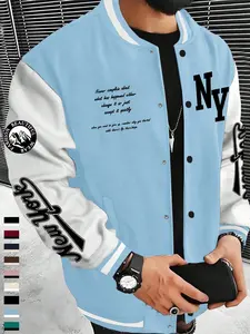 Men's Colorblock Knit Long Sleeve Baseball Jacket, Coats, Retro American Style with Inspirational Elements, Casual, Fitted & Fashionable Design for Daily Wear