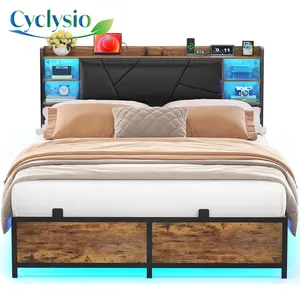 Cyclysio Full Size Bed Frame with Charging Station and RGB LED Lights, Sturdy Platform Bed with Upholstered Headboard, Noise Free, Easy Assembly