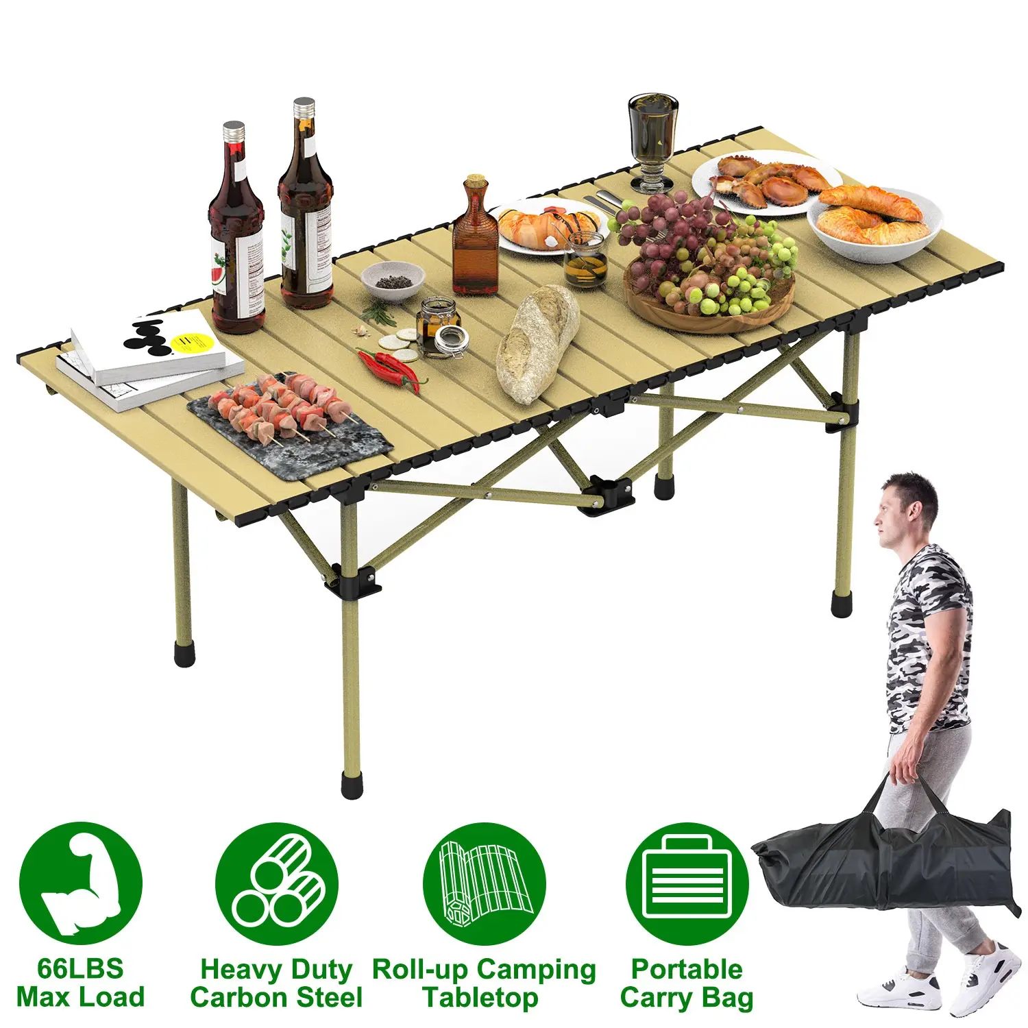 Folding Camping Table - Carbon Steel Roll-up Compact Lightweight Fold Heavy-Duty Outdoor Desk with Carry Bag, 66LBS Max Load Hiking Gear for Picnic, Outdoor Activities
