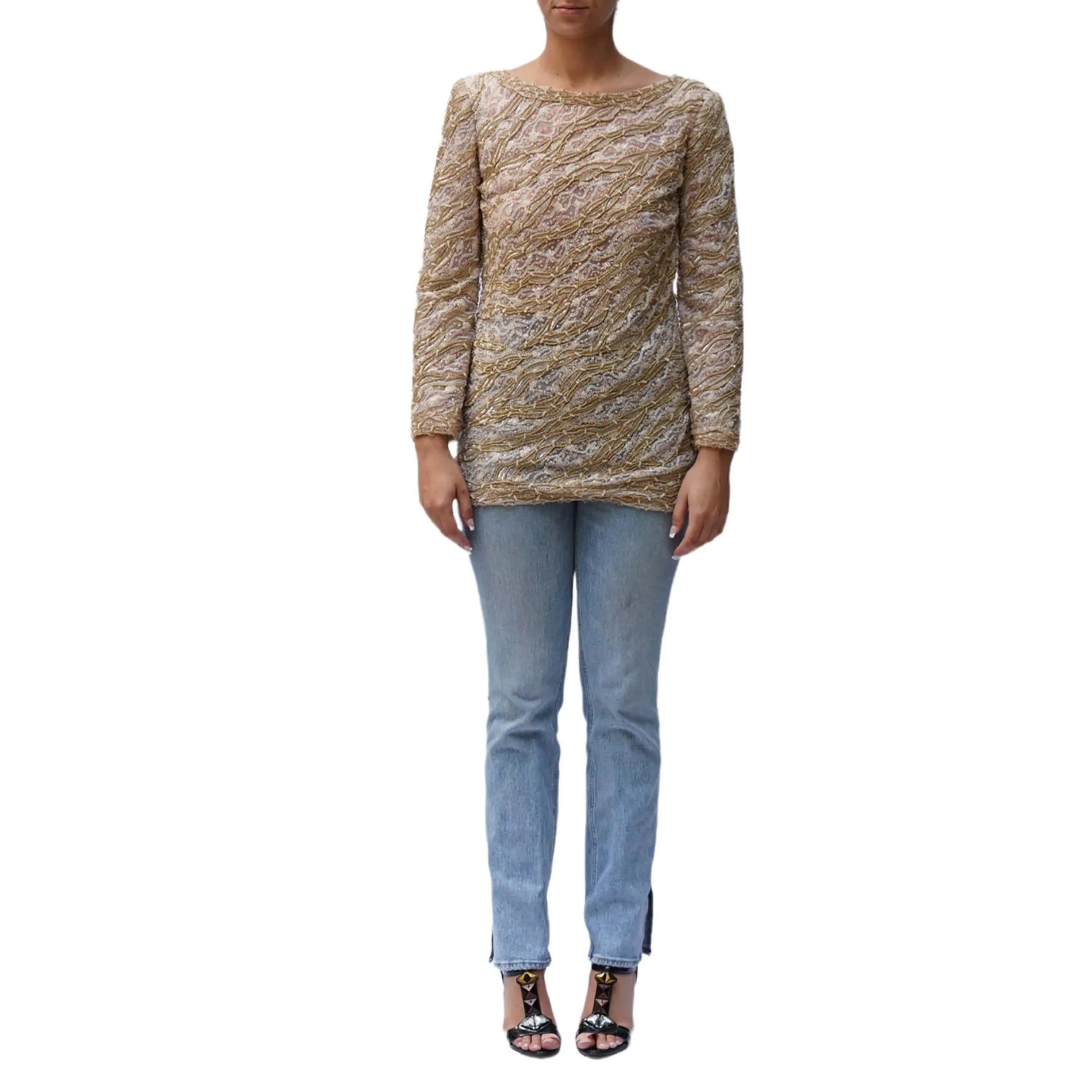 1980S MARY MCFADDEN Gold & Cream Silk Fully Beaded Embroidered Evening Top
