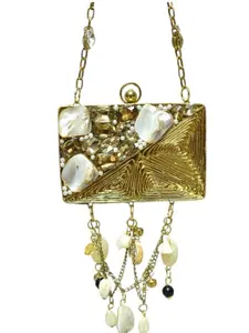 Elegant Pearl & Crystal Mini Brass Bag – Rectangle Shape Statement Handbag (GOLD)