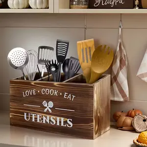 Brown Utensil Holder Rustic Wood Utensil Caddy Crocks with 3 Compartments for Kitchen Counter, Farmhouse Flatware Organizer Storage Box for Silverware Fork Spoon Spatula