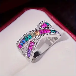Rainbow Multicolor Simulated Zirconia Ring with Red Blue Gemstone Elegant Fashion Jewelry