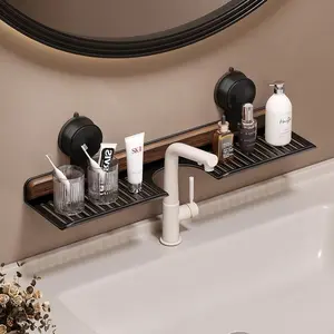 1pc Walnut Suction Cup Faucet Holder, No-Drill Wall-Mounted Bathroom Storage Rack, Vanity Counter Organizer, Space-Saving Design, Bathroom Organization, Bathroom Storage Accessory