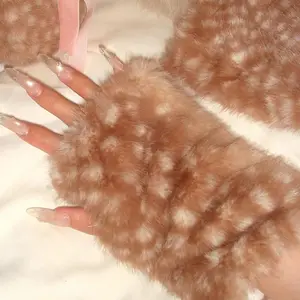 Christmas Elk Deer Finger Hair Gloves for Women Elk Series Faux Fur Japanese Half Finger Winter Fawn Spot Warm Plush Accessories