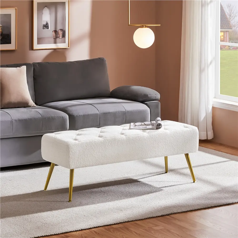 Yaheetech Soft Padded Modern Footstool - Tufted Upholstered Ottoman with Boucle/Velvet Fabric, Gold Metal Legs, for Living Room Decor, Living Room Furniture
