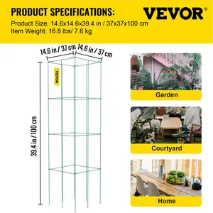 VEVOR Tomato Cages, TikTokShopBlackFriday, 14.6\" x 14.6\" x 39.4\", 6 Packs Square Plant Support Cages, Green PVC-Coated Steel Tomato Towers for Climbing Vegetables, Plants, Flowers, Fruits
