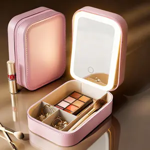 Travel Makeup Bag With Lighted Mirror, Portable Make Up Case Makeup Organizer With 3 Color Adjustable Lights, 1200mAh Rechargeable Travel Must Haves Toiletry Bag With Touch Screen, Gifts For Women, Birthday, Christmas