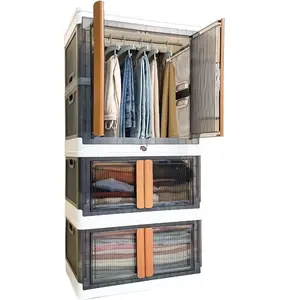 Extra Large Foldable Closet Organizers Storage Boxes 2x 19 Gal & 1x 38 Gal Collapsible Stackable Portable Bins w. Lids, Front Doors, Rods & Wheels