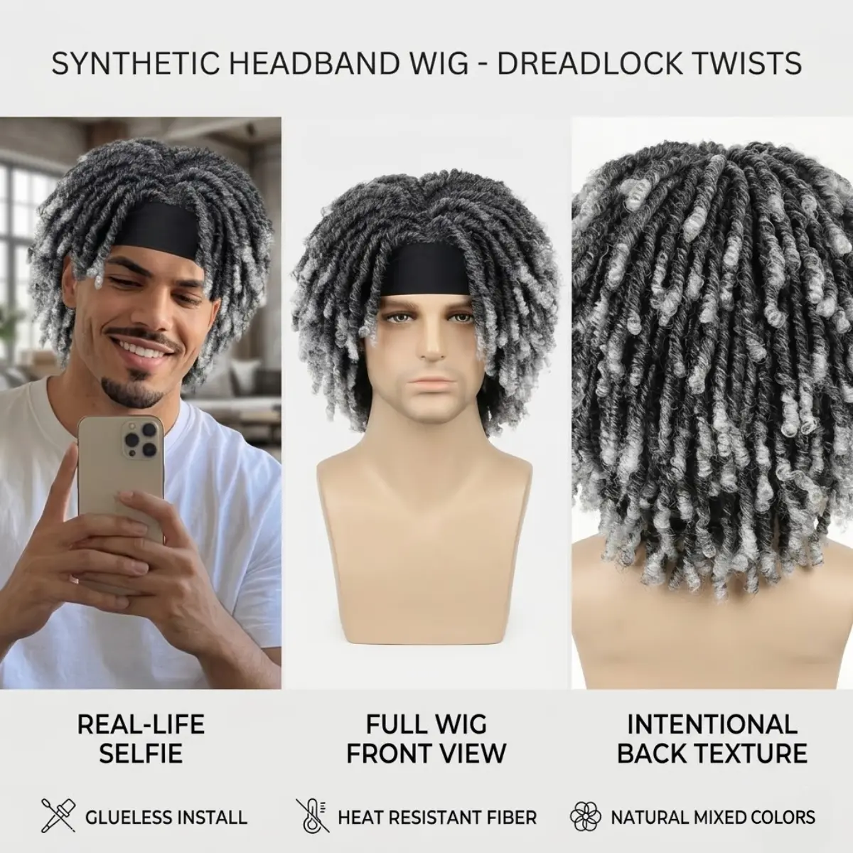 Short Dreadlock Wig with Headband for Men Synthetic Braided Twist Curly Hair Wig Hip Hop Reggae Afro Wig Natural Looking Everyday Wear
