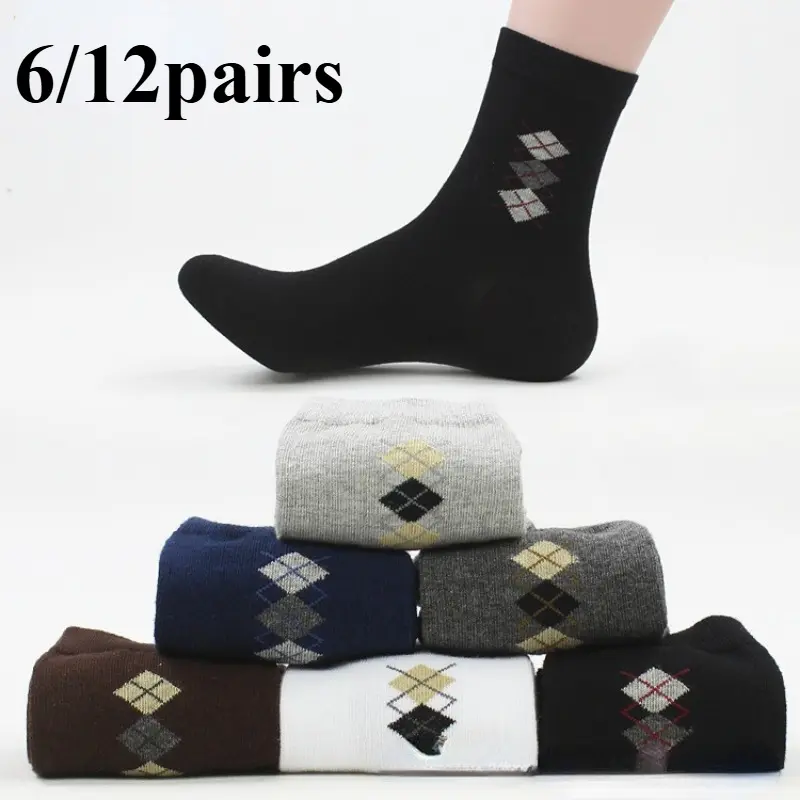 Men's Multicolored Mid-Calf Socks, 6-Pair Set, Geometric Patterned, Comfortable Breathable Business Socks, Suitable for Outdoor Sports and Holiday Gifting, Set Mid-Calf Socks