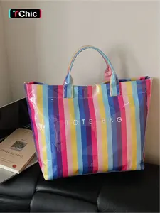 Large capacity, high aesthetic value, lightweight, high-end striped tote bag, PVC material, hand-held armpit bag, outdoor travel, shopping, commuting bag, handbag, Commuter Tote Bag, Stylish Tote Bag