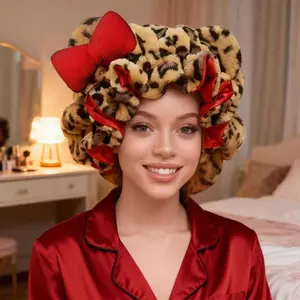 Leopard Print Teddy Bear Bonnet Satin-Lined Adjustable Sleep Cap for Women's Night Hair Care with 3D Teddy Bear Shape and Pink Bow