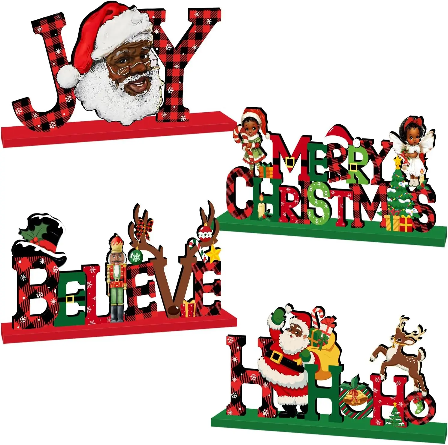 4pcs Black Santa Christmas Decorations Wood Centerpieces Buffalo Plaid Style African American Christmas Table Decorations for Home Joy Believe Merry Christmas Party Tabletopper