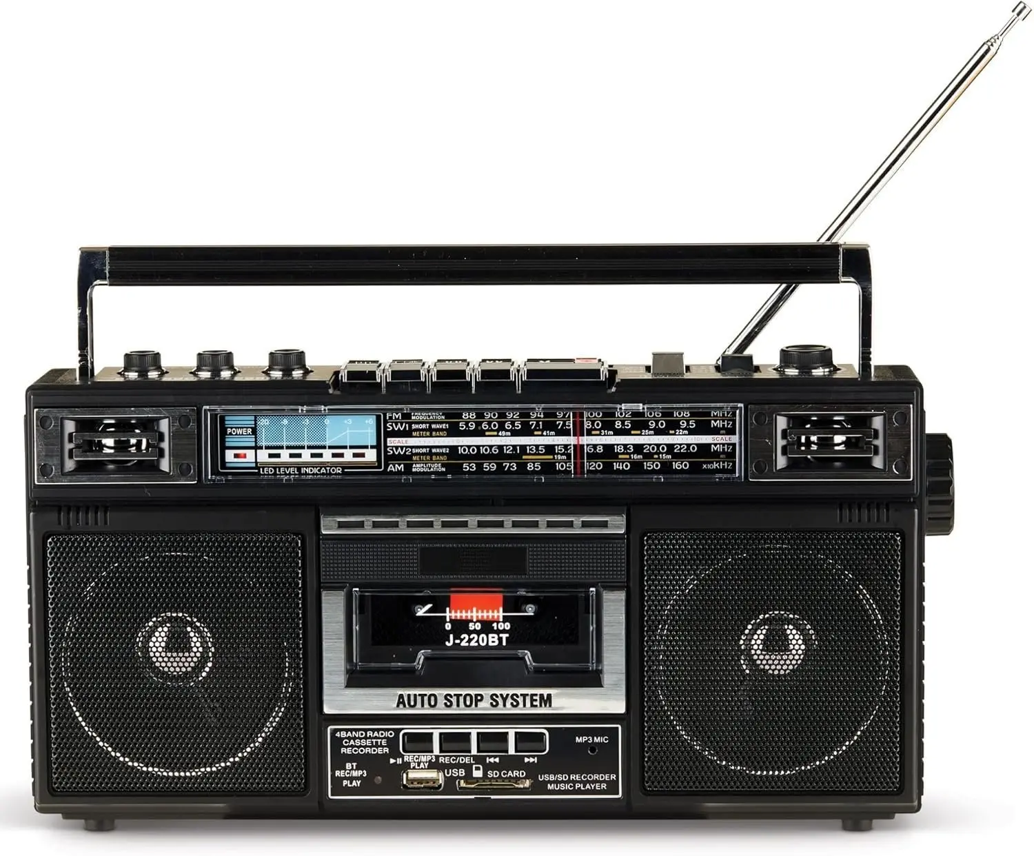 J-220BT Boombox MP3 Conversion from Radio to Cassette with 4-Band (AM, FM, SW1, SW2) Radio with , Rechargeable , Dual 3 Speakers, Built-in Microphone, Recorder, 3-Band Equalizer