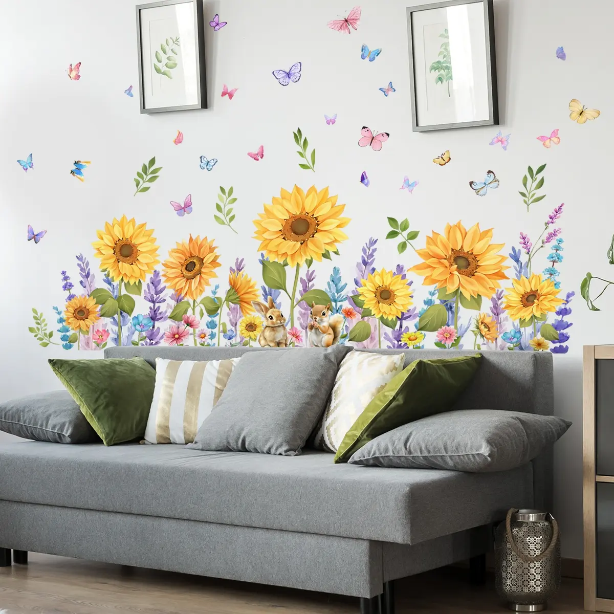 A set of two (30*90cm*2pcs) creative hand-painted sunflower, flower, butterfly, squirrel and rabbit wall stickers for living room and bedroom decoration background wall stickers Wall Art Stickers Wall Decal (MS11004-ZY)