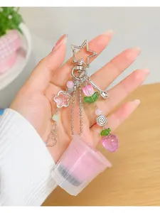 Y2K Japanese Dessert Keychain Aesthetic Kawaii Strawberry Milk Pudding Bag Charm with Star Buckle and Crystal Beads, Cute Purse Accessory for Handbag Backpack Wallet Car Keys, Trendy Christmas Halloween Birthday Gift for Women Girls