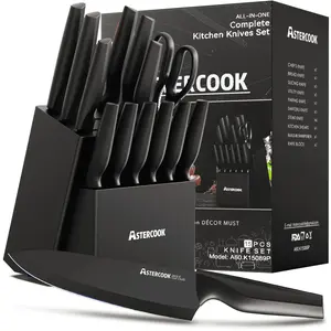 Astercook Kitchen Knife Set, Built-in Knife Sharpener, Dishwasher Safe, Knife Set with Steak , black Kitchen Knives Block Home Multicolor Cutting