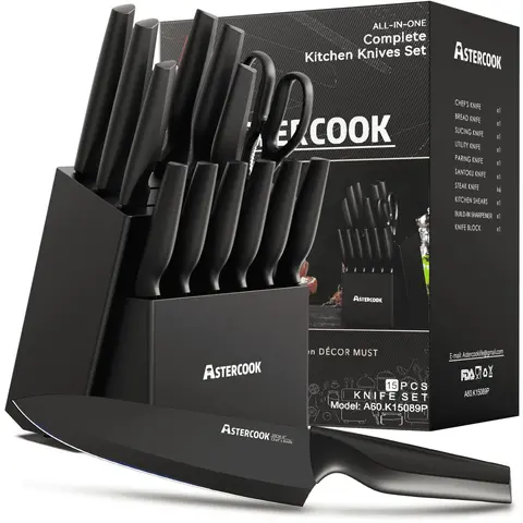 Astercook 15-Pcs Forged Kitchen Knife Block Set - Thick Polypropylene Ergonomic Handles, 6 Serrated Steak Knives, Kitchen Shears, Self-Sharpening Block, Built-In Sharpener, Dishwasher Safe, Durable, Hand Fatigue Reduction for Home Use