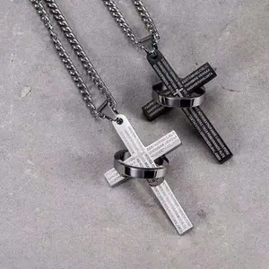 Stainless Steel Cross Ring Necklace with Bible Verse Prayer Jewelry for Daily Wear