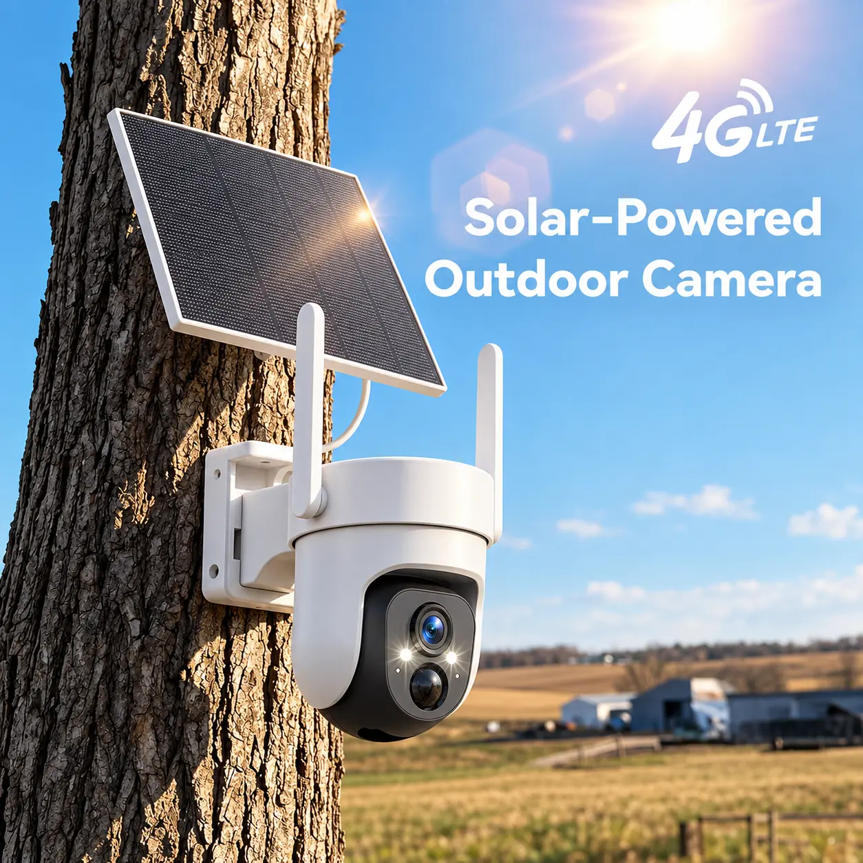 4G LTE Solar Wireless Security Camera with 360° View, 2K HD Video, Color Night Vision, 4x Zoom, Remote APP Control, IP65 Waterproof, Motion Sensor, No WiFi, Outdoor Camera for Farm/Home, Built-in CellularCard (4G LTE Data ServiceRequires Activation)