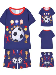Boys' Short Sleeve Pajama Set, Football Print, Breathable and Comfortable, Casual Home and, Fitted H-Type Cartoon Style, Pajama Lounge Sets, Cartoon Pattern Pajamas, Sleepwear Set
