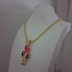 Adjustable Ball Chain 18” with Cartoon Pink & Orange Pendant – Gold Finish