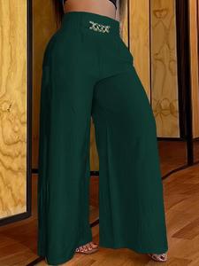women's plain / all over print chain decor shirred wide leg pants, boho chic fashion elegance casual comfy wide leg trousers, women bottoms for summer, baggy pants, womenswear