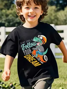 Boys' Dinosaur Print Motorcycle Helmet T-Shirt, Follow Your Dream Slogan, Comfortable & Stylish, Perfect for School & Outdoor Play