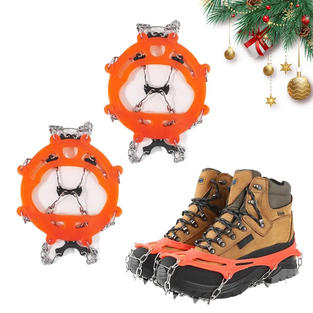 Everyday Winter Traction Cleats for Shoes Boots Stainless Steel Ice Snow Spikes Crampons with Stretch Orange Silicone Anti Slip Gear for Safe Dog Walking Shoveling Snow Hiking Hunting Practical Holiday Gift for Husband Dad Men Women