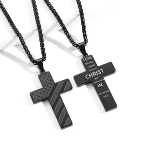2pcs Cross Necklace with Bible Verse – Stainless Steel American Flag Pendant Chain, Christian Jewelry Gift for Boys & Men