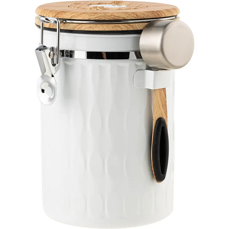1.8L Aesthetic Ceramic Airtight Coffee Storage Jar with Bamboo Lid, Wooden Scoop, Date Tracker & Metal Stainless Steel Container for Kitchen Pantry Organization
