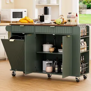 Homgava Space Saving Kitchen Island Cart 47" with Drop-Leaf Counter and Hidden Trash, Rolling Kitchen Table with Wavy Door, Spice Rack, Drawers and Locking Wheels for Kitchen