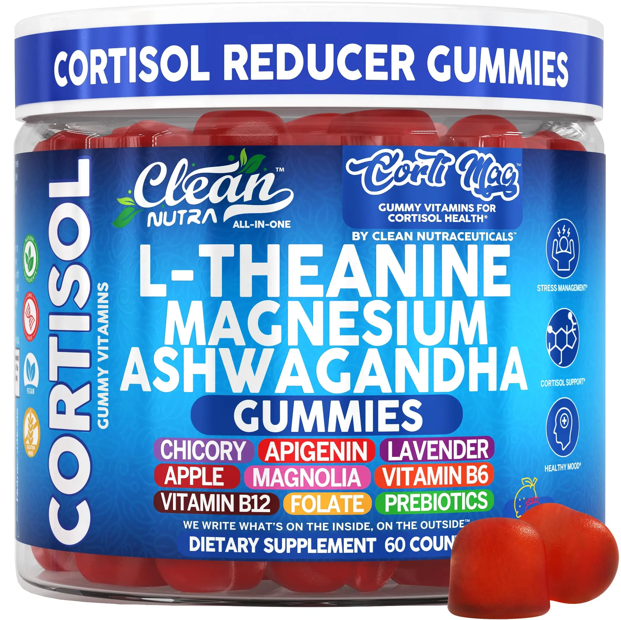 Clean Nutra L-Theanine, Magnesium, Ashwagandha, Lavender, Magnolia, B12, Folate, Prebiotics & More Healthcare Vitamin for Stress Management & Mood Balance - CortiMag