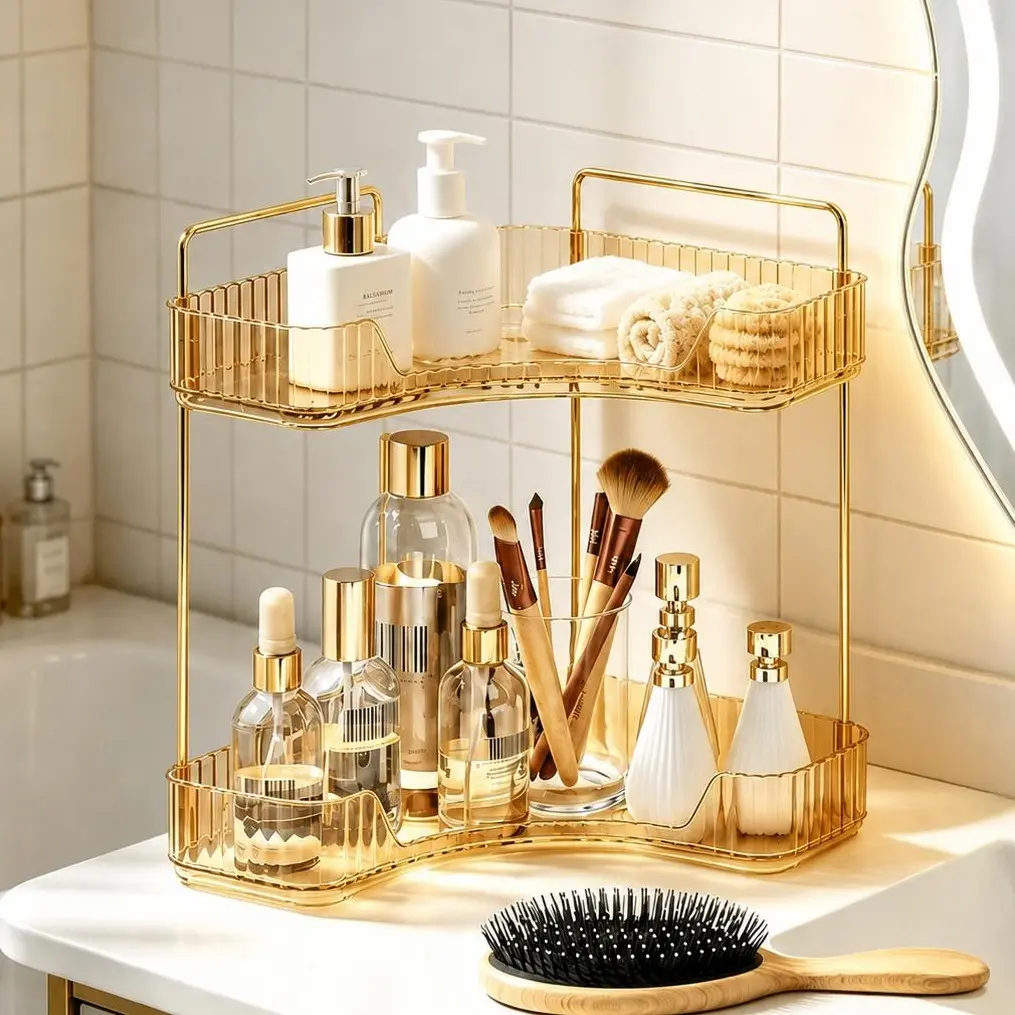 2-Tier Modern Bathroom Corner Countertop Organizer - Waterproof, Simple Easy-Install Storage, Makeup & Perfume Holder, Home Decor Household Bathroom Gadget