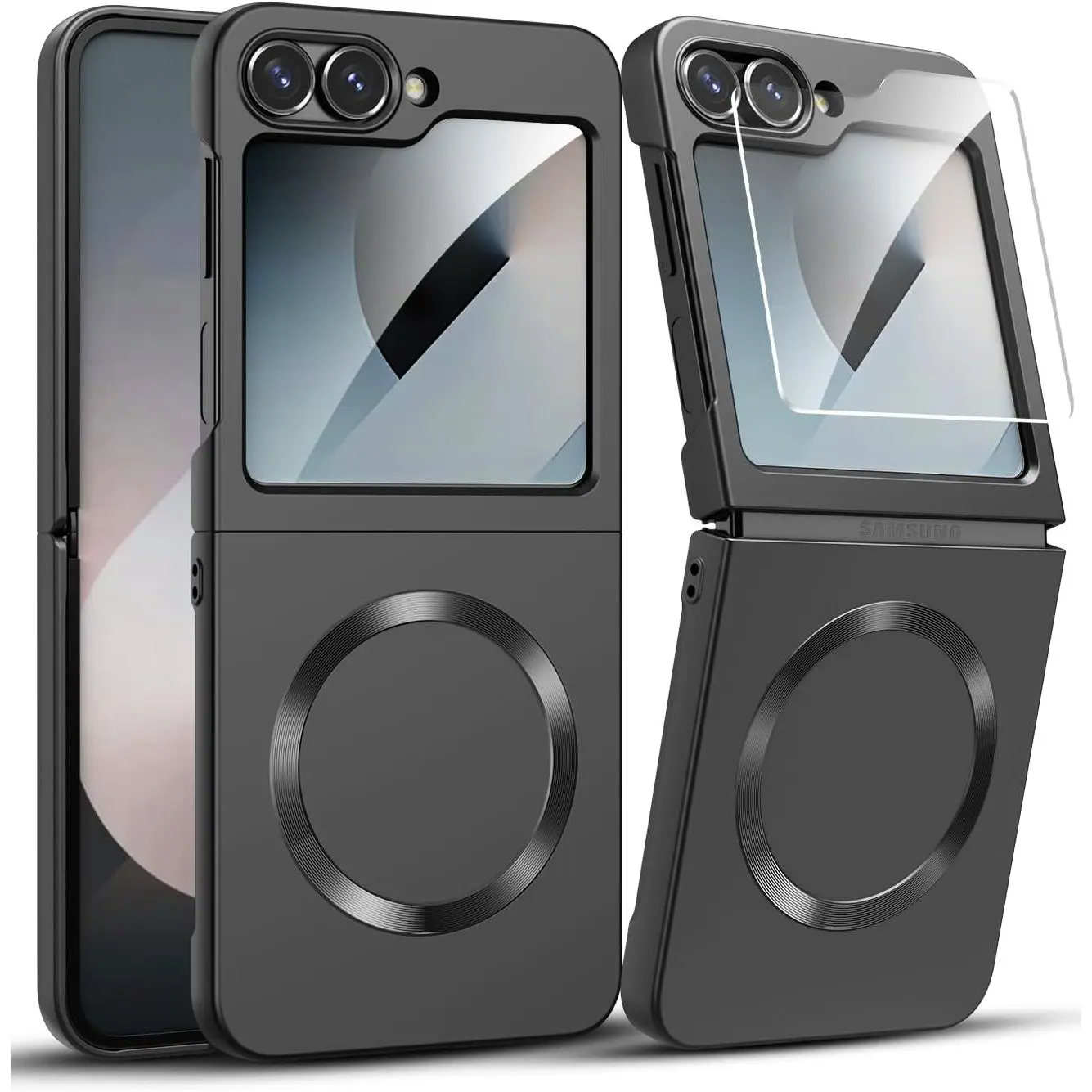 for  Galaxy Z Flip 6 Case, Flip 7 FE Case Compatible with MagSafe, with Built-in Screen Protector, Flip6 Slim Hard  Phone Case, Black