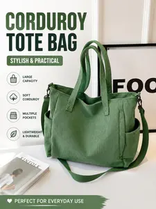 Corduroy Tote Bag, Large Capacity Soft Shoulder Bag, Lightweight Multi-pocket Crossbody Bag For Daily Commute Work School