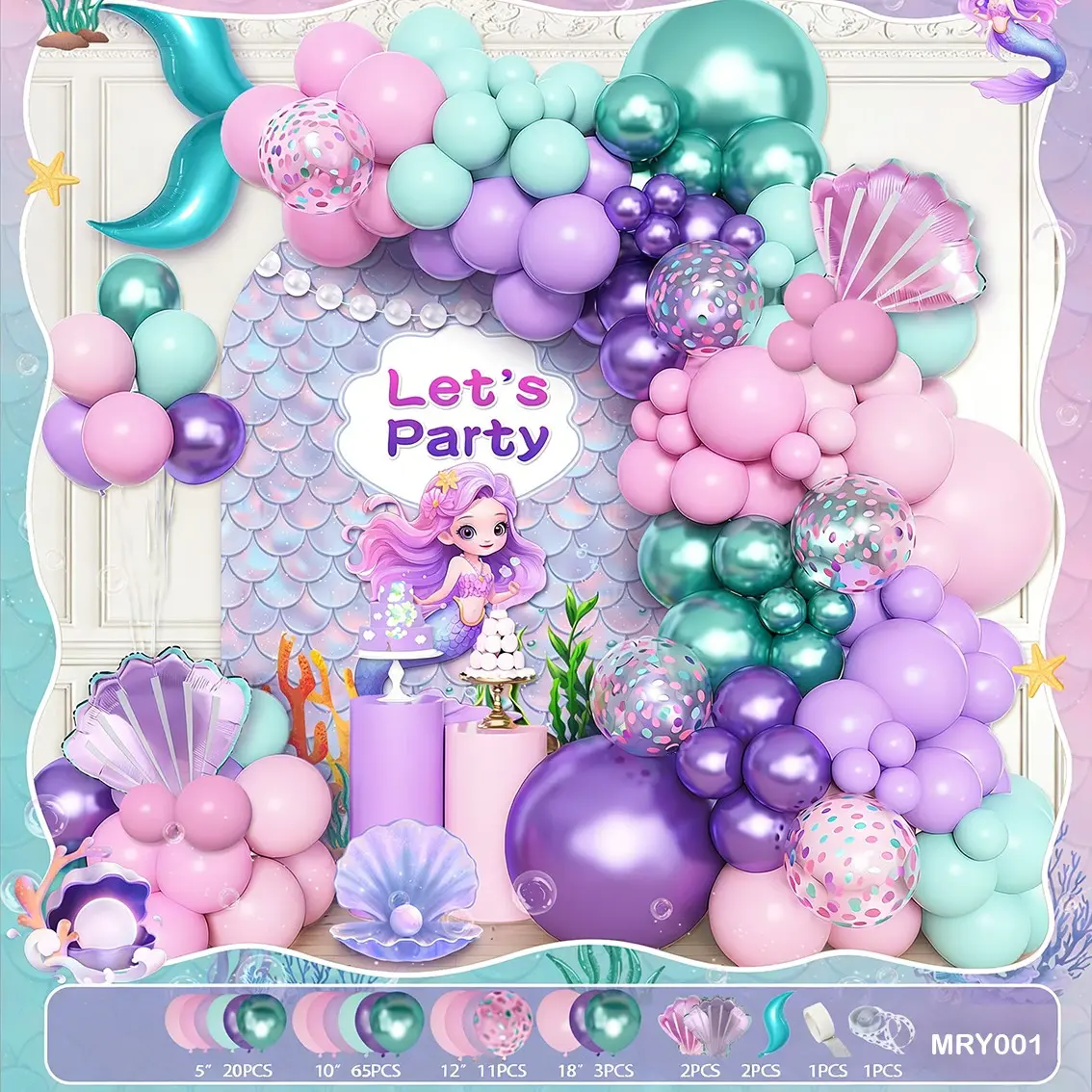 Mermaid Balloon Chain Set, Ocean Theme Party Decor, Mermaid Tail Aluminum Foil Balloons, Kids Birthday Party Background Decoration
