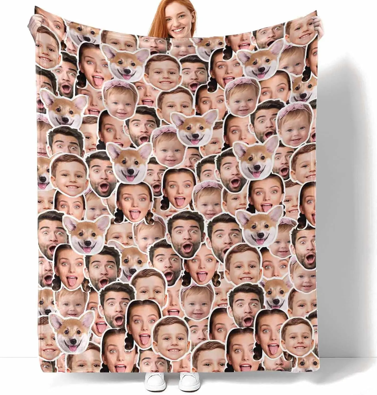 Custom Blanket with Faces Made in USA, Multiple Faces Personalized Throw Blanket with Picture Upload Flannel Blanket for Dad Friend Mom Couple Grandma Memorial Gift