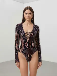 Elegant Snake Print Cross-Bound Deep V Neck Jumpsuit, Unique Design Sexy Slimming Long Sleeve Top, Trendy Women's Fashion