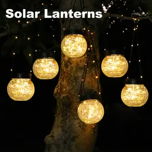 PARTPHONER Solar Lanterns Decoration,Outdoor Waterproof,Cracked Glass Hanging Globes for Christmas Decoration, Shepherd Hook, Garden Tree Ornaments