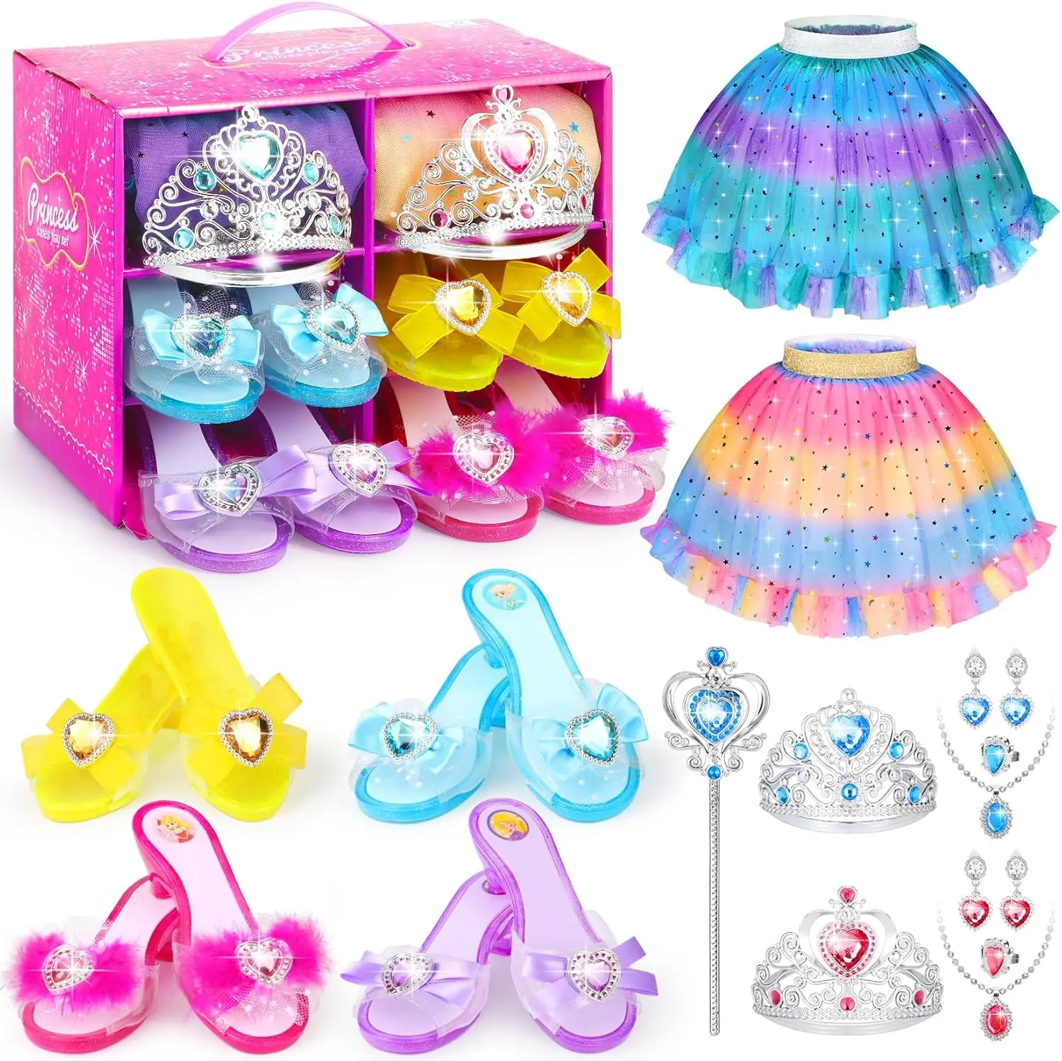 Princess Dress Up Shoes Set , Girls Role Play Dress Up Clothes Toys  Princess Jewelry Boutique Kit Gift Aged 3-6 Years Old Include Skirts, 4 Pairs of Shoes, Princess Accessories Playset Imaginative, summervibes clothing