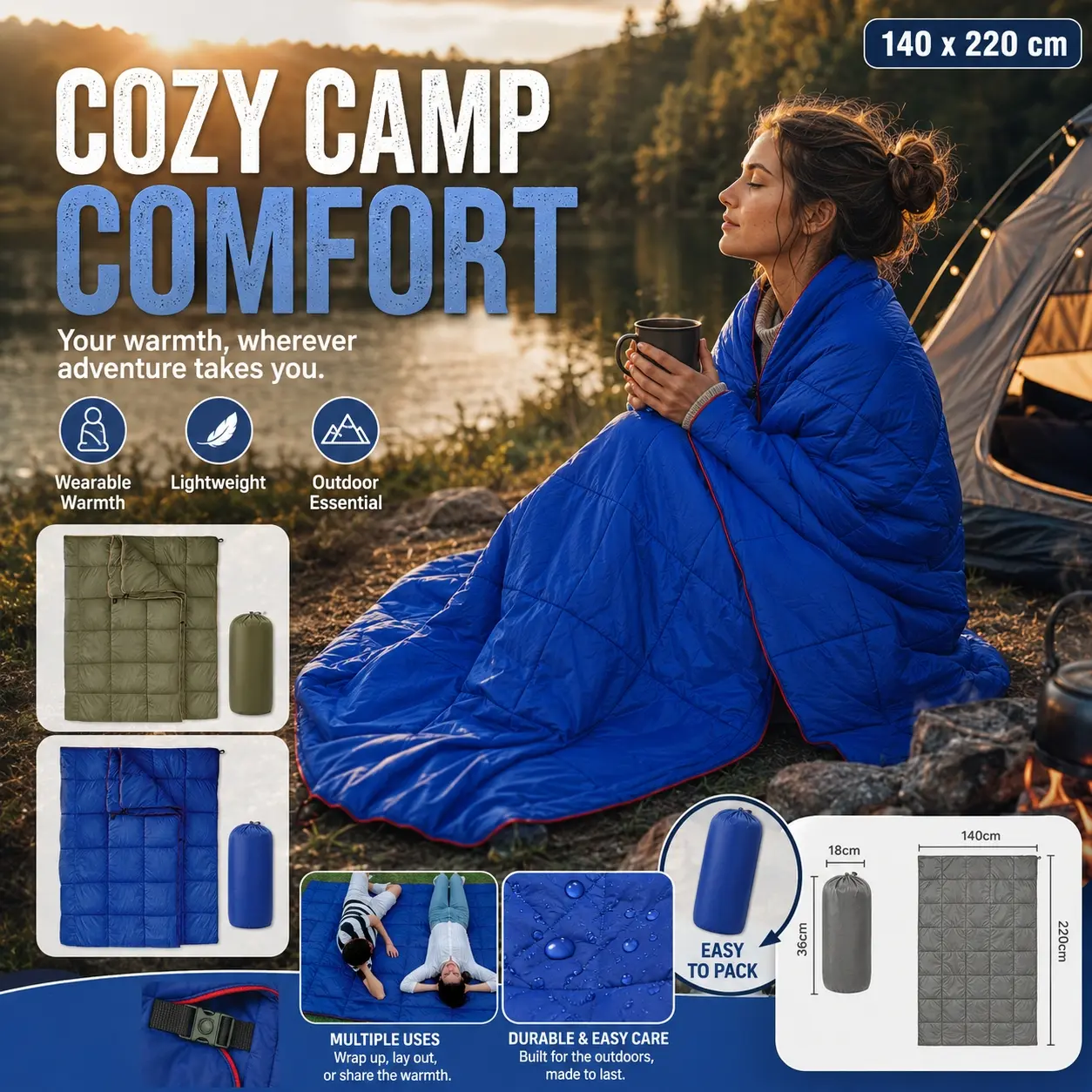 Double Camping Blanket Lightweight Outdoor Travel Quilt Waterproof Polyester Warm Hammock Top Quilt with Pillow Storage Bag, Large Portable Picnic Beach Blanket for Adults Couples Hiking Trekking Backpacking Camping Park Travel Gear, Outdoor Blankets