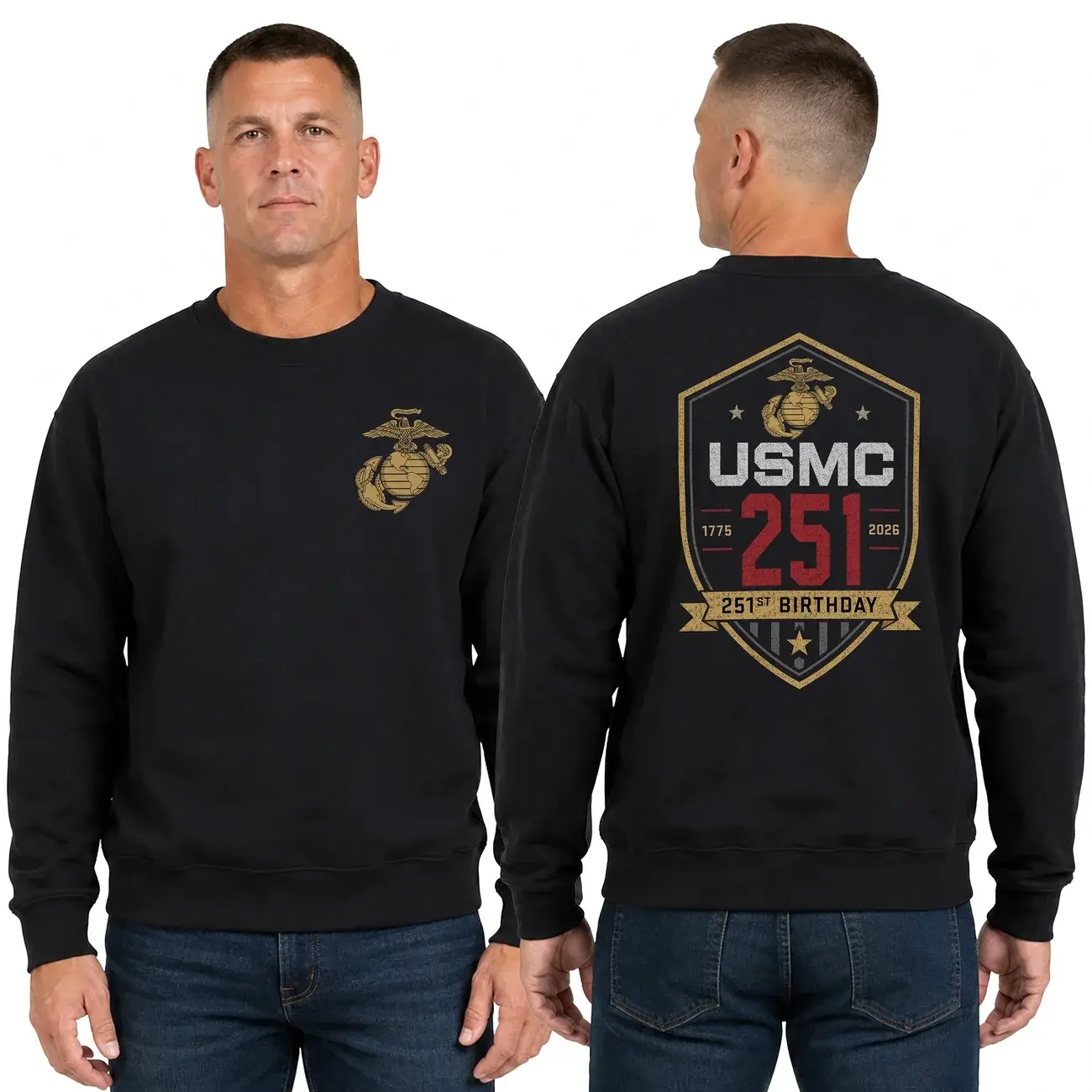 Sweatshirt 2 sides USMC 251st Birthday Sweatshirt, 1775–2026 Military Birthday Crewneck, Marine Corps Inspired Graphic, Veteran Appreciation Gift, Unisex Sweatshirt