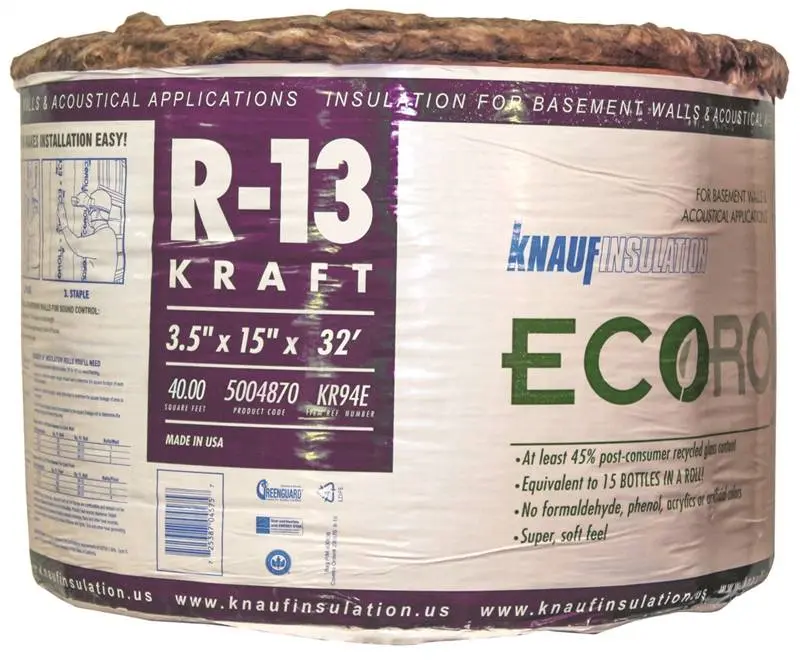 212 MAIN R-13 Fiberglass Insulation Roll, 15 in. x 32 ft., 40 sq-ft., 11.43 lbs., Low Dust, Easy-to-Cut, 60% Post Consumer Recycled Glass, No Formaldehyde, No Artificial Colors