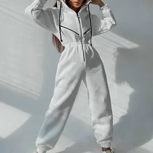 Casual Women's Basic Hoodie Two Piece Sets with Zipper & Drawstring Long Sleeve Fitted Below the Ankle Spandex Material White Color