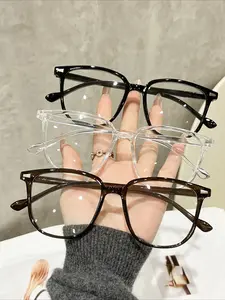 3 pairs of women's and men's square daily classic portable modern minimalist style flat glasses combination, back to school, daily life, watching TV, reading, office decoration, Transparent Lens Glasses