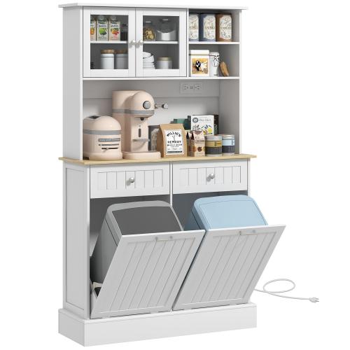 Bellemave HOMCOM 68" Multi Purpose Organized Open Storage Kitchen Furniture Cabinet with Charging Station, 2 Tilt-Out Trash Cabinets, Microwave Stand, Glass Doors & Adjustable Shelf, Freestanding Hutch, Open Storage Cabinet, Multi Purpose Kitchen Furnitur