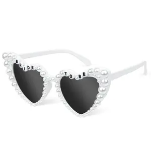 Wedding Bride Glasses with Artificial Pearl Decoration, Bridal Style Monochrome Glasses, Engagement Party Accessory, Bachelorette Gift, Heart Shape, Party Photo Prop